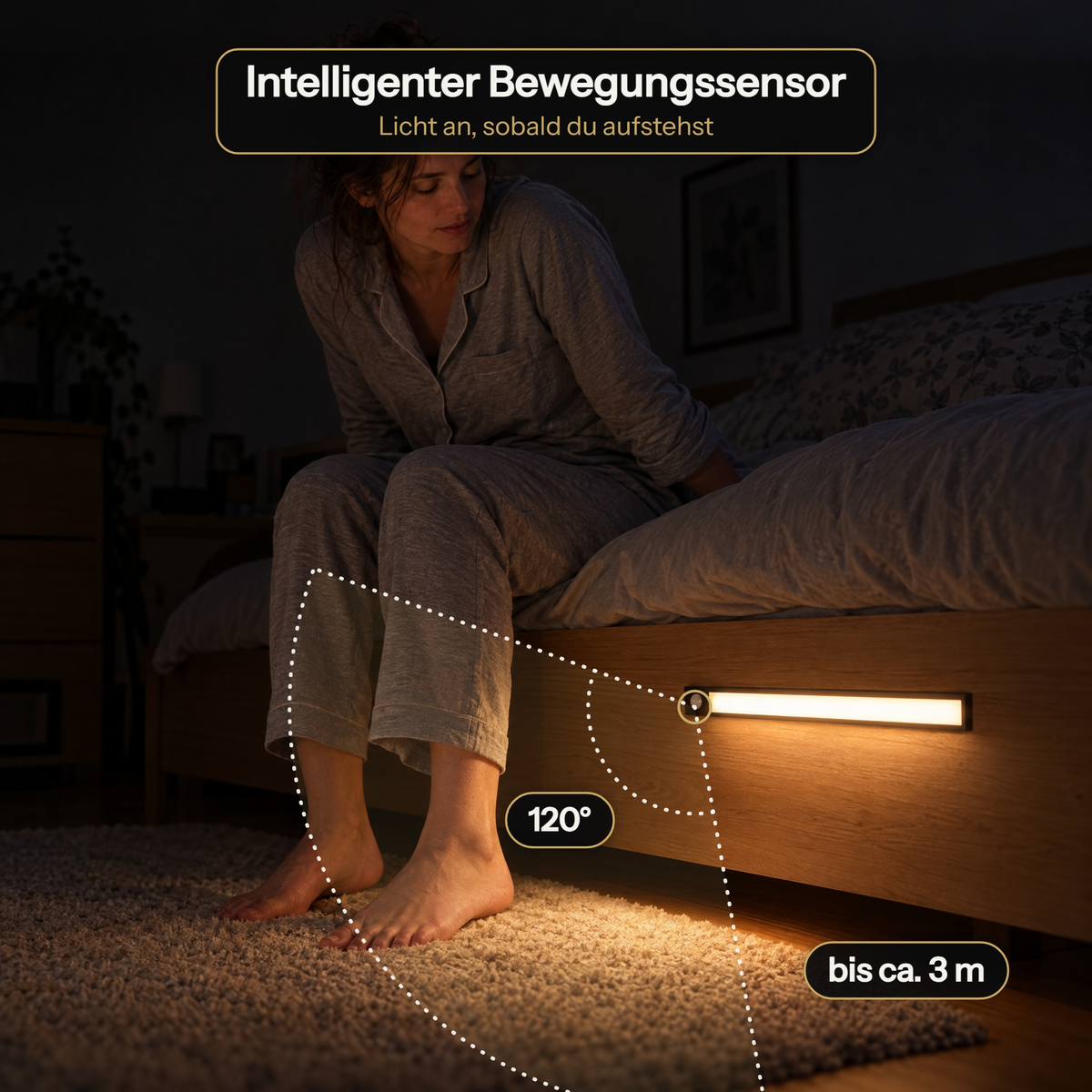 Intelligenter Bewegungssensor: Erfassung bis ca. 3 m und 120° – Licht an, sobald du aufstehst
