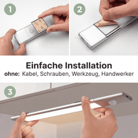 Einfache Installation in 3 Schritten: Metallplättchen anbringen, Schutzfolie abziehen, Leuchte andrücken – ohne Kabel, Schrauben, Werkzeug oder Handwerker