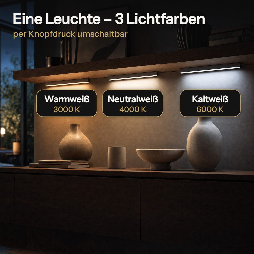 Eine Leuchte – 3 Lichtfarben per Knopfdruck: Warmweiß 3000 K, Neutralweiß 4000 K, Kaltweiß 6000 K