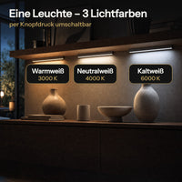 Eine Leuchte – 3 Lichtfarben per Knopfdruck: Warmweiß 3000 K, Neutralweiß 4000 K, Kaltweiß 6000 K