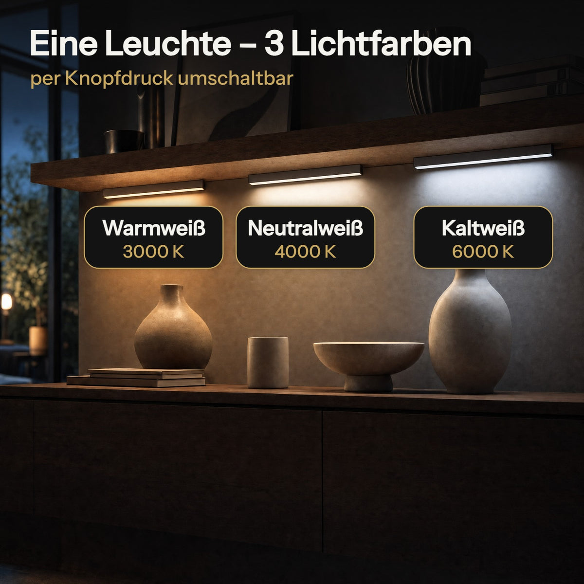 Eine Leuchte – 3 Lichtfarben per Knopfdruck: Warmweiß 3000 K, Neutralweiß 4000 K, Kaltweiß 6000 K