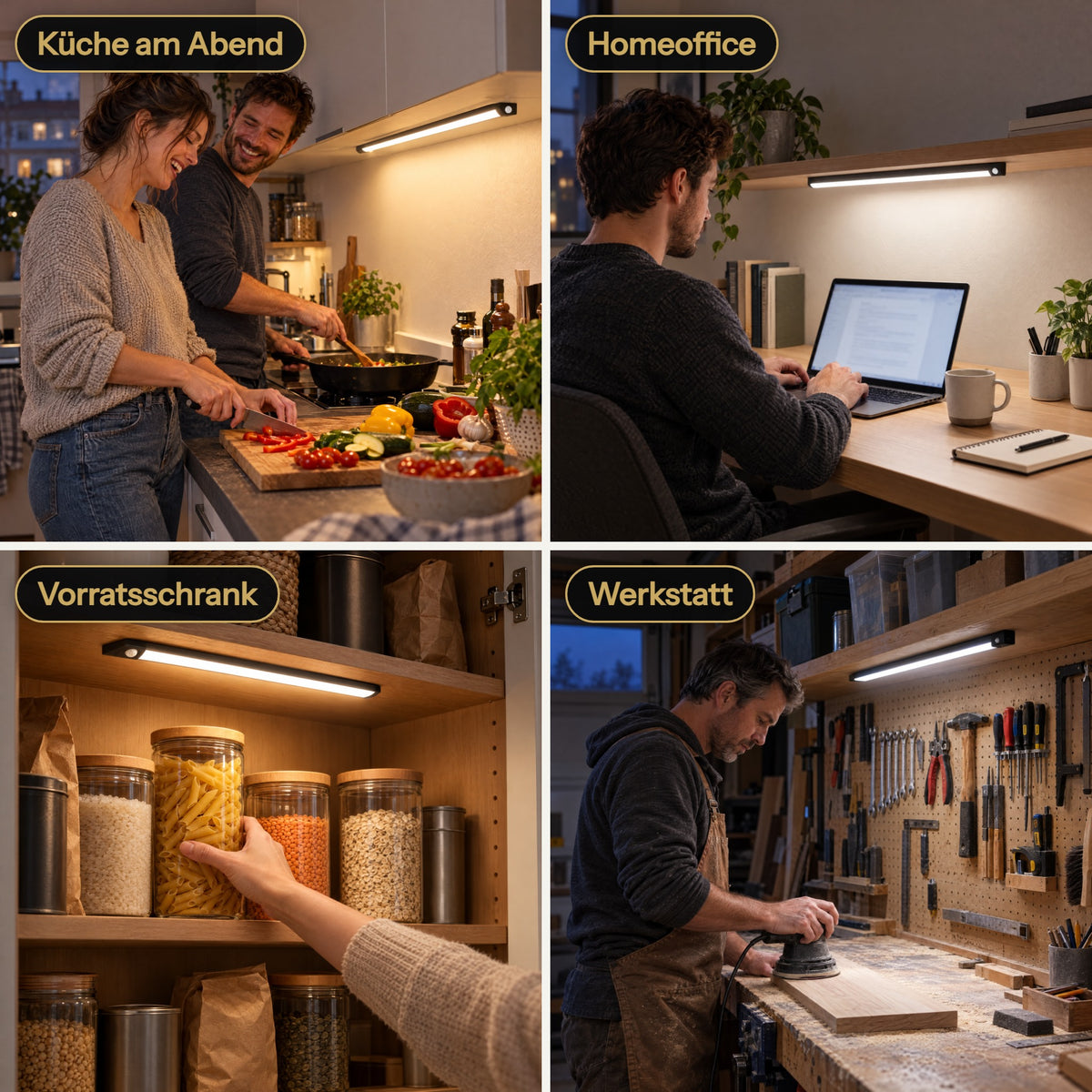 LUMENKANTE im Alltag: Küche am Abend, Homeoffice, Vorratsschrank, Werkstatt