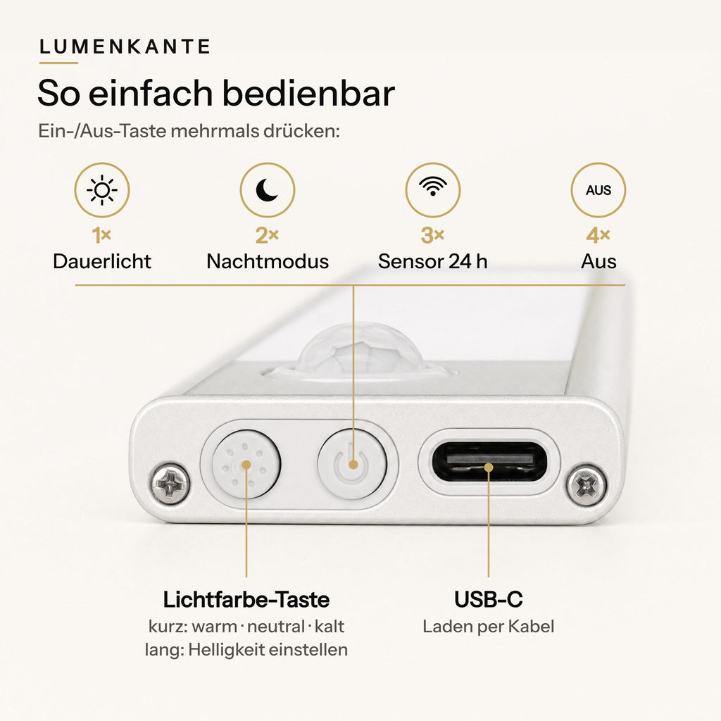 Bedienung: Ein-/Aus-Taste für Dauerlicht, Nachtmodus, Sensor 24 h und Aus; Lichtfarbe-Taste für Farbe und Helligkeit
