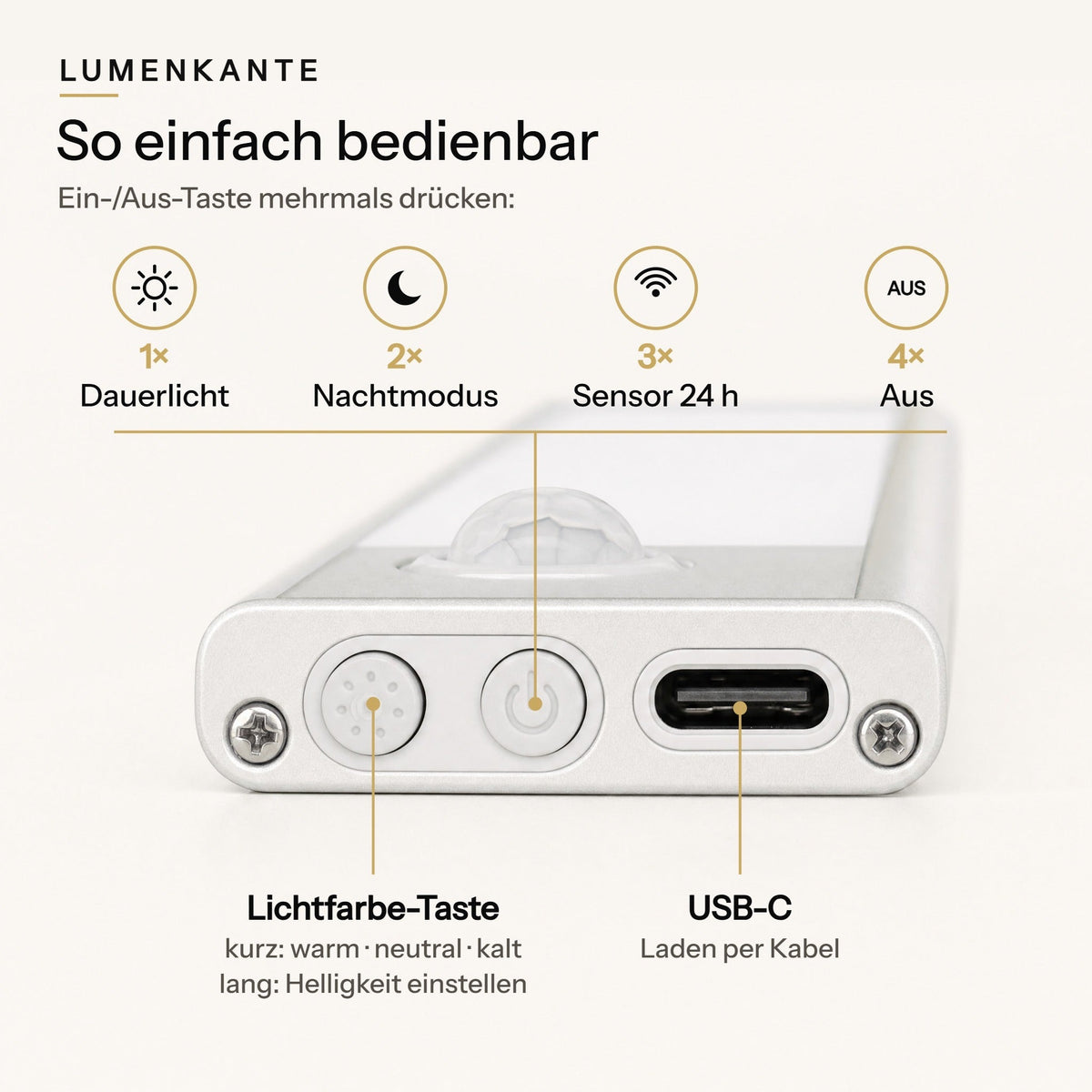 Bedienung: Ein-/Aus-Taste für Dauerlicht, Nachtmodus, Sensor 24 h und Aus; Lichtfarbe-Taste für Farbe und Helligkeit