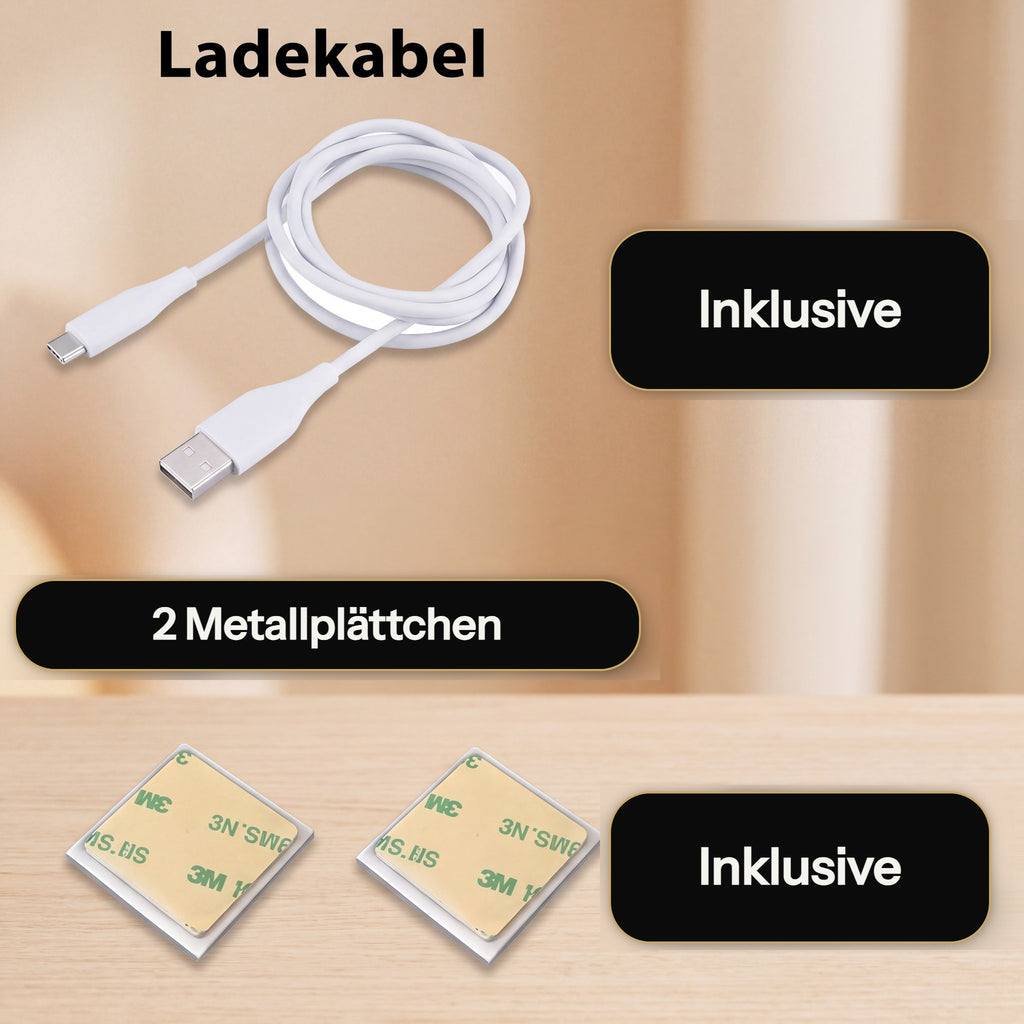 Inklusive: USB-C-Ladekabel und 2 Metallplättchen