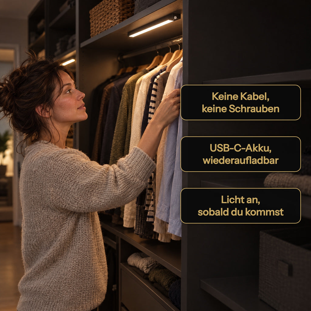 LUMENKANTE Sensorleuchte im Kleiderschrank: keine Kabel oder Schrauben, USB-C-Akku wiederaufladbar, Licht an, sobald du kommst