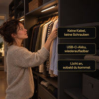 LUMENKANTE Sensorleuchte im Kleiderschrank: keine Kabel oder Schrauben, USB-C-Akku wiederaufladbar, Licht an, sobald du kommst