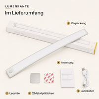 Lieferumfang: Verpackung, LUMENKANTE Leuchte, 2 Metallplättchen, Anleitung, Ladekabel