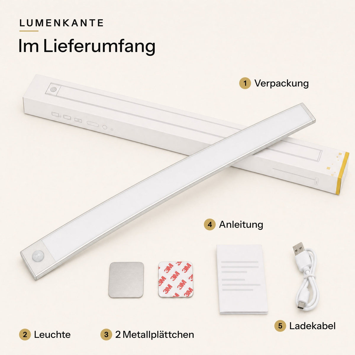 Lieferumfang: Verpackung, LUMENKANTE Leuchte, 2 Metallplättchen, Anleitung, Ladekabel