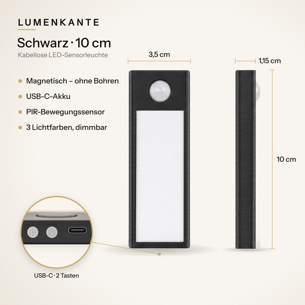 LUMENKANTE Sensorleuchte Schwarz 10 cm – Maße 3,5 × 1,15 × 10 cm