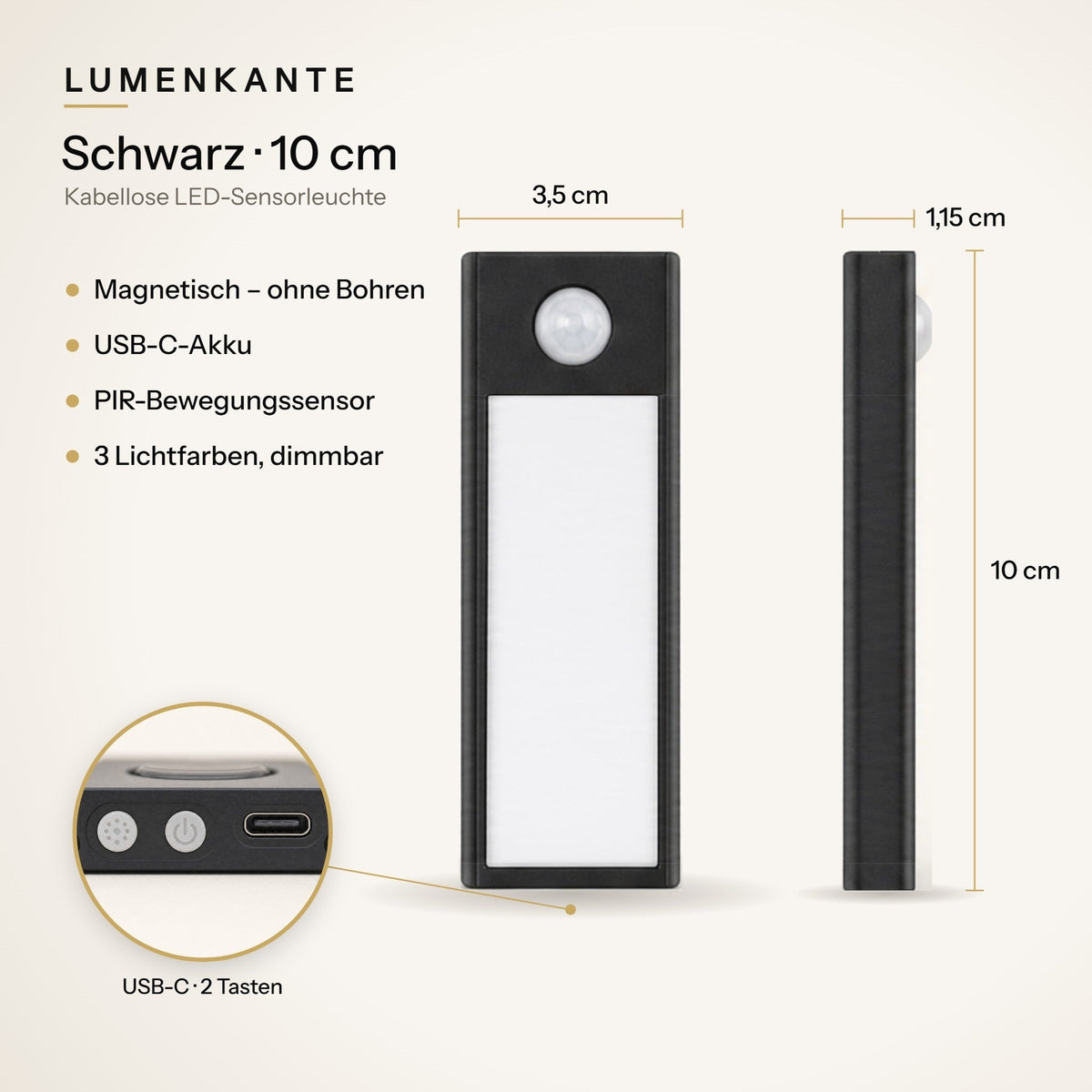 LUMENKANTE Sensorleuchte Schwarz 10 cm – Maße 3,5 × 1,15 × 10 cm