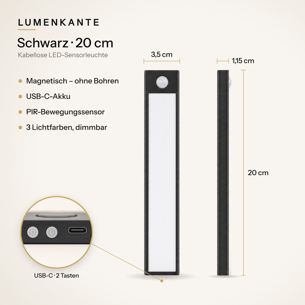 LUMENKANTE Sensorleuchte Schwarz 20 cm – Maße 3,5 × 1,15 × 20 cm