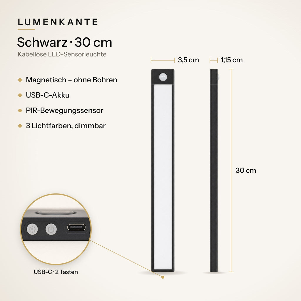 LUMENKANTE Sensorleuchte Schwarz 30 cm – Maße 3,5 × 1,15 × 30 cm