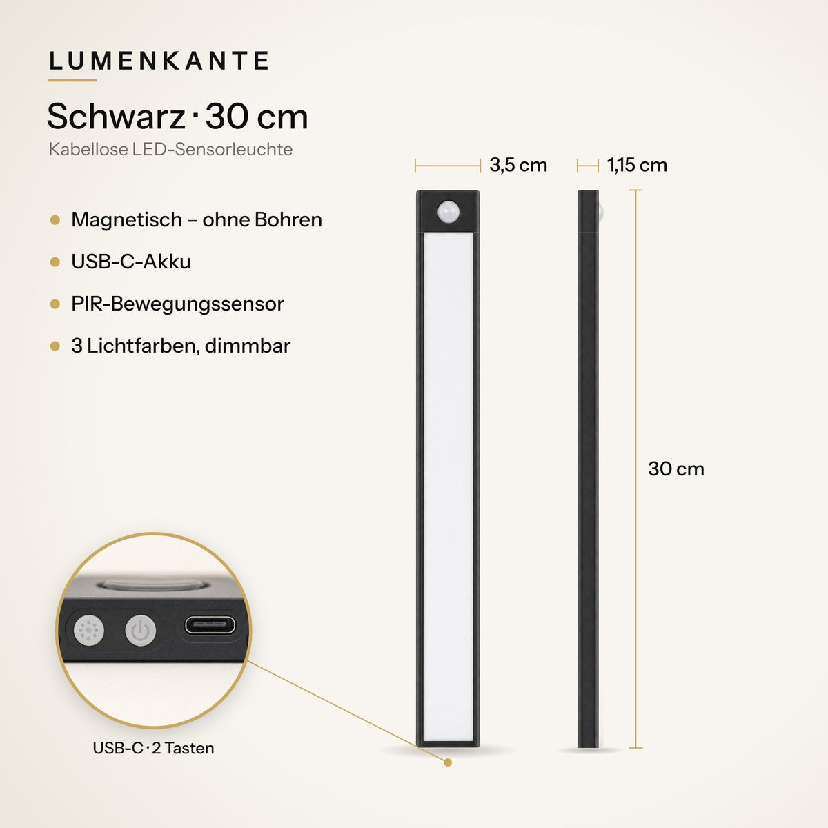 LUMENKANTE Sensorleuchte Schwarz 30 cm – Maße 3,5 × 1,15 × 30 cm