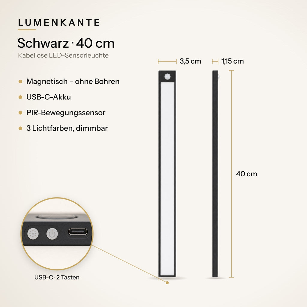 LUMENKANTE Sensorleuchte Schwarz 40 cm – Maße 3,5 × 1,15 × 40 cm