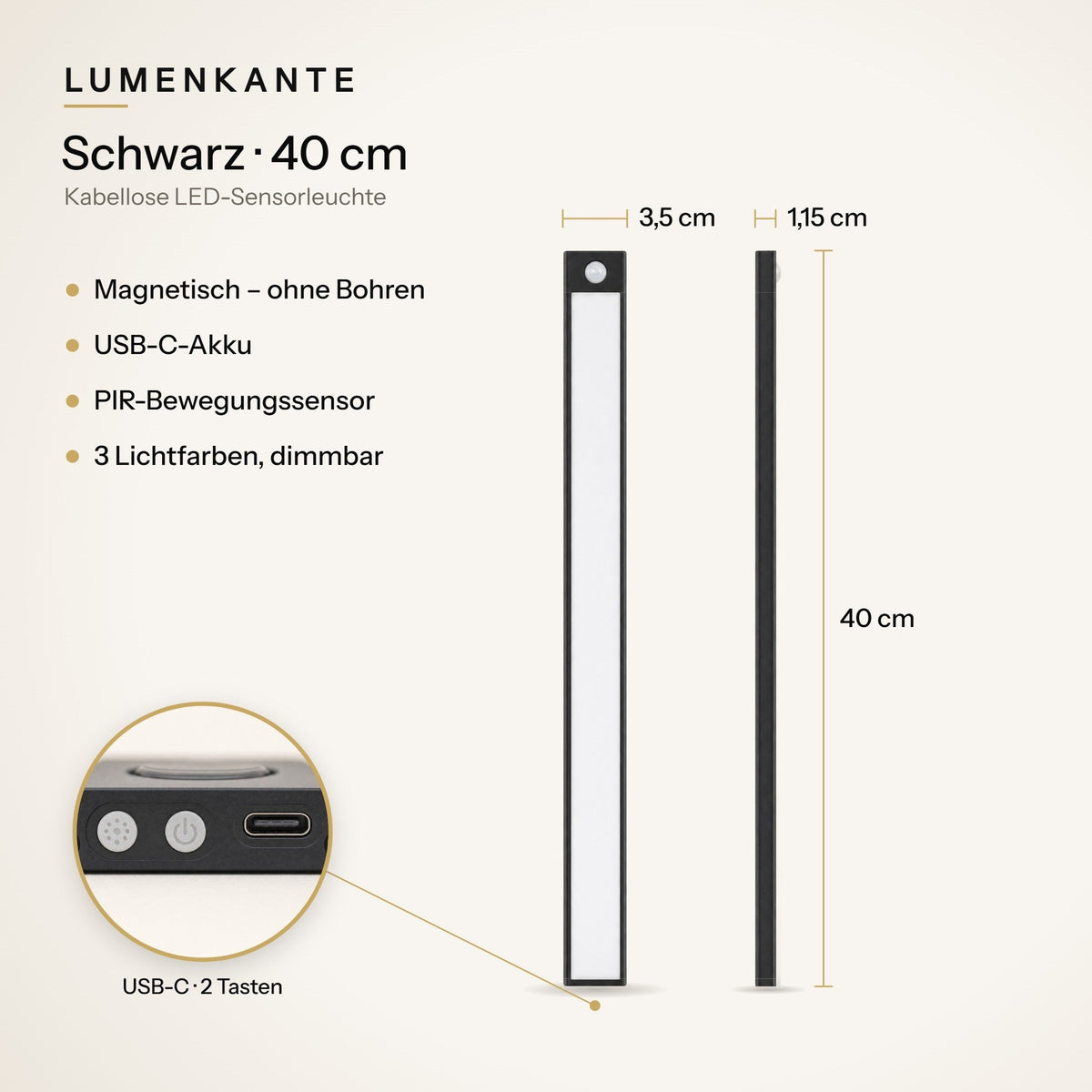 LUMENKANTE Sensorleuchte Schwarz 40 cm – Maße 3,5 × 1,15 × 40 cm