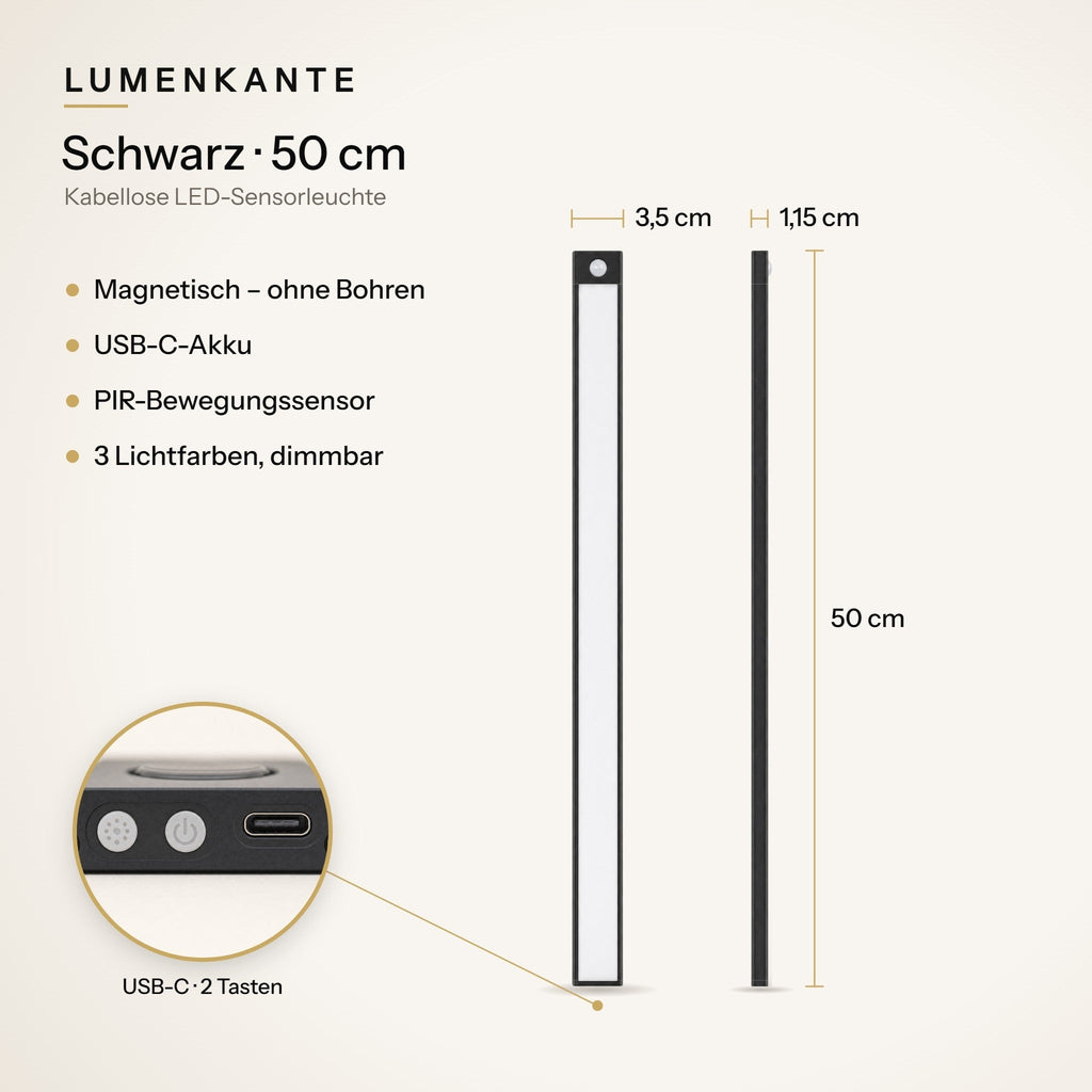 LUMENKANTE Sensorleuchte Schwarz 50 cm – Maße 3,5 × 1,15 × 50 cm