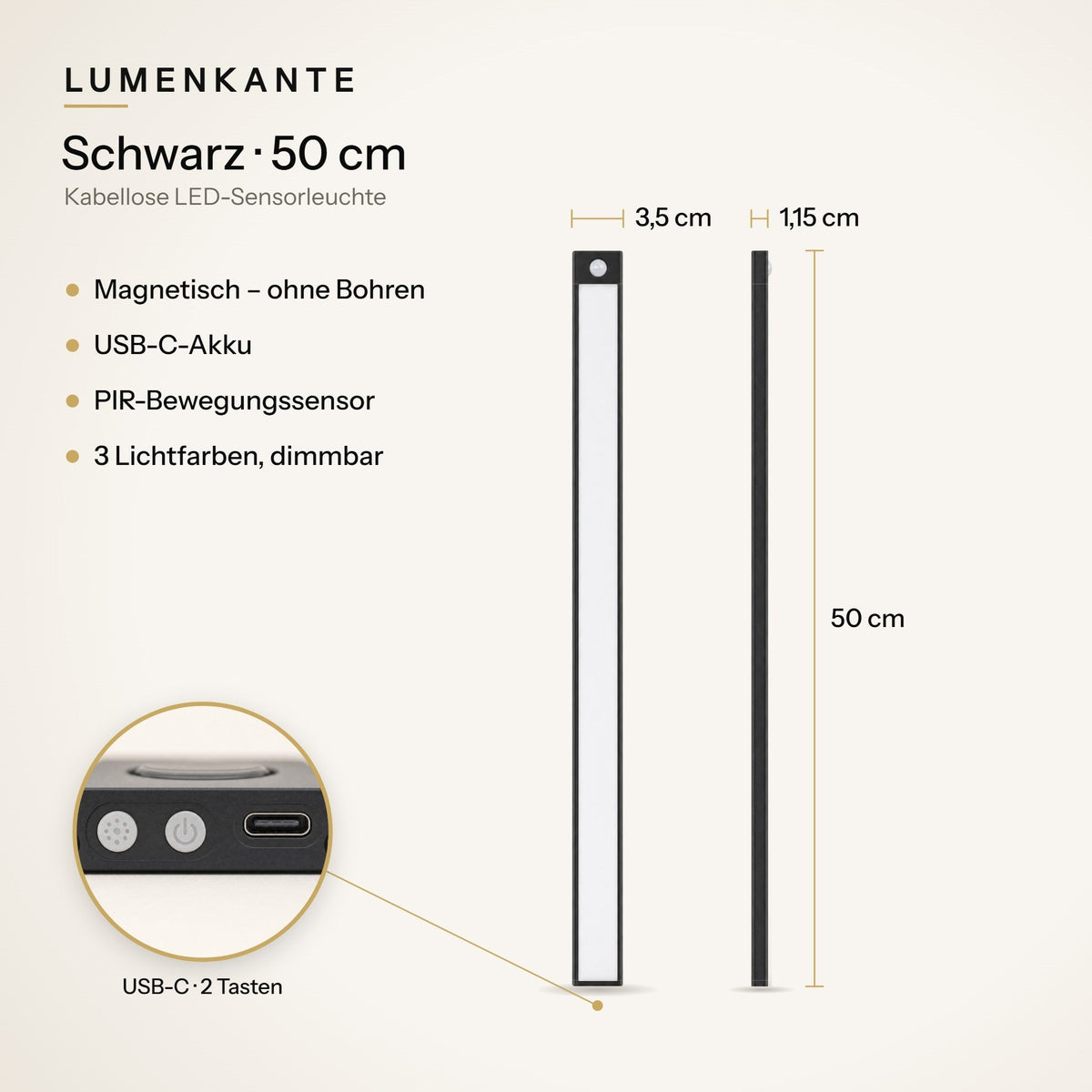 LUMENKANTE Sensorleuchte Schwarz 50 cm – Maße 3,5 × 1,15 × 50 cm