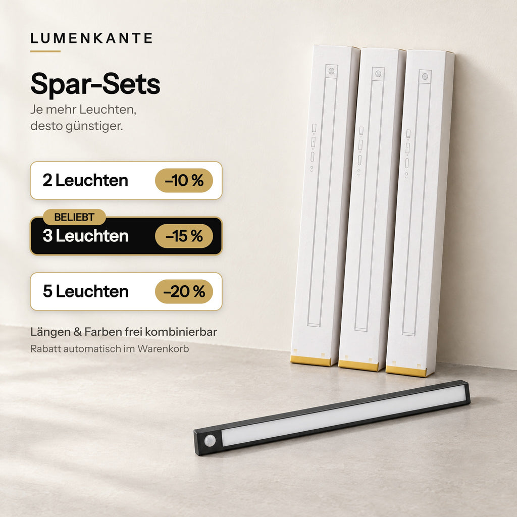 LUMENKANTE Spar-Sets: 2 Leuchten –10 %, 3 Leuchten –15 % (beliebt), 5 Leuchten –20 % – Längen und Farben frei kombinierbar, Rabatt automatisch im Warenkorb