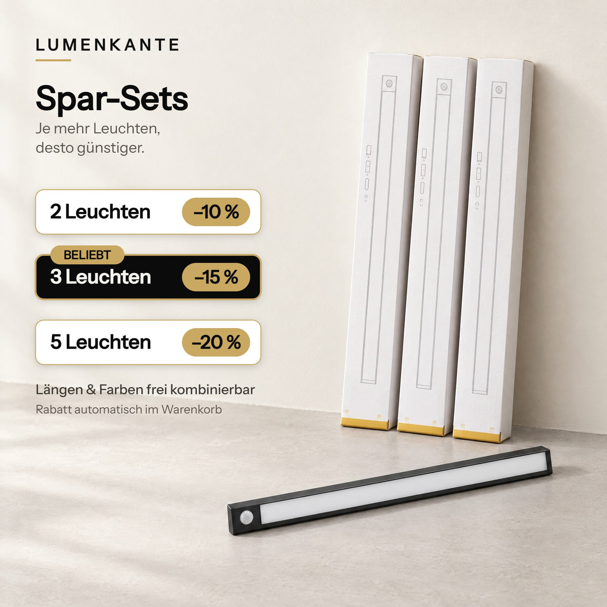 LUMENKANTE Spar-Sets: 2 Leuchten –10 %, 3 Leuchten –15 % (beliebt), 5 Leuchten –20 % – Längen und Farben frei kombinierbar, Rabatt automatisch im Warenkorb