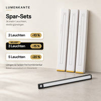 LUMENKANTE Spar-Sets: 2 Leuchten –10 %, 3 Leuchten –15 % (beliebt), 5 Leuchten –20 % – Längen und Farben frei kombinierbar, Rabatt automatisch im Warenkorb